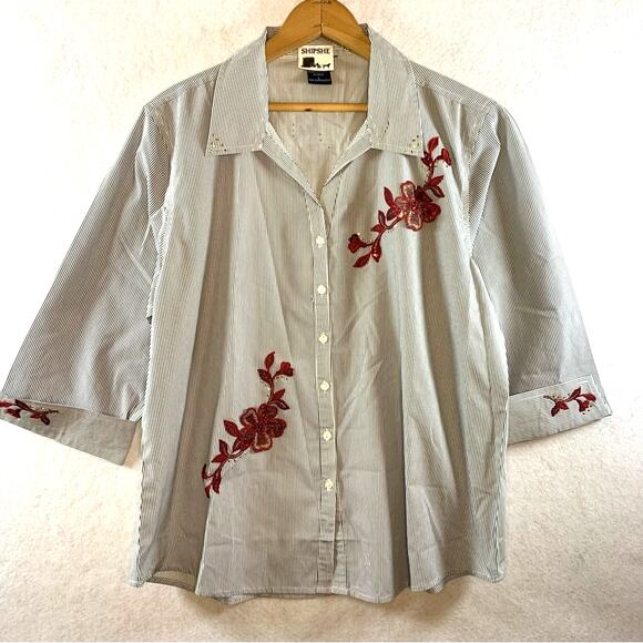 Shipshe Womens Striped Button Top Sz L Western Artsy 3D Floral Applique‎ - Picture 1 of 14